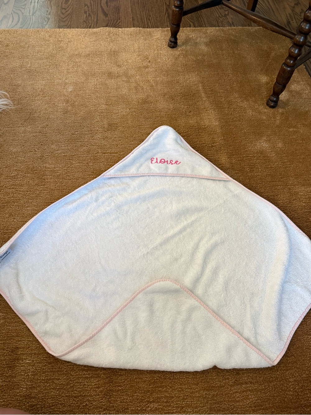 Personalized White Hooded Baby Towel with Pink Trim